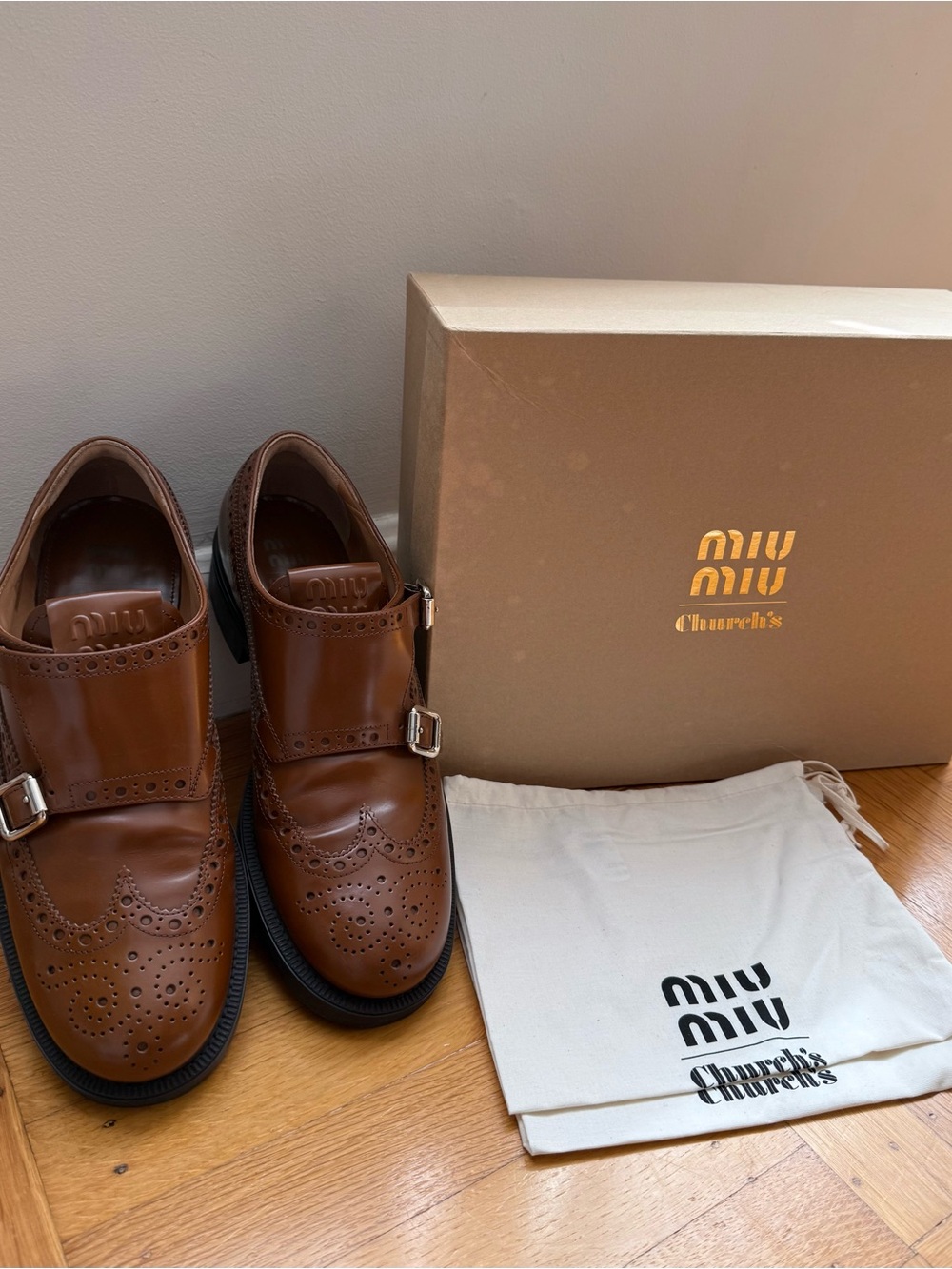 Miu Miu x Church’s Tabacco Leather Double Monk Strap Brogue Oxfords EU 39